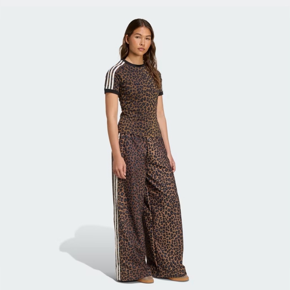 adidas Originals Wide Leg Leopard Print Pants with White Side Stripes - Picture 7 of 10
